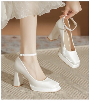 Satin White Platform Heels, Square Toe Thick Heel Mary Jane Bridal Shoes  UK