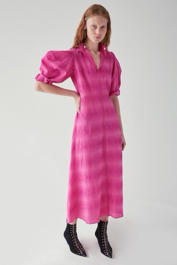 Vestido Rachel Comey Midi Seda Fucsia Rosa Manga Abullonada Rayas Talla US...