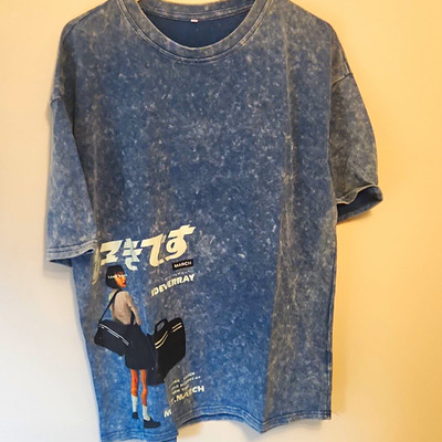 Men s M Blue Acid Wash Graphic Logo Print Crew Neck Short Sleeve Knit T-Shirt