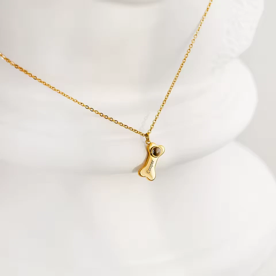 Collar de proyección de foto con nombre personalizado con forma de hueso de perro mascota colgante cadena joyería Foto 3 de 4