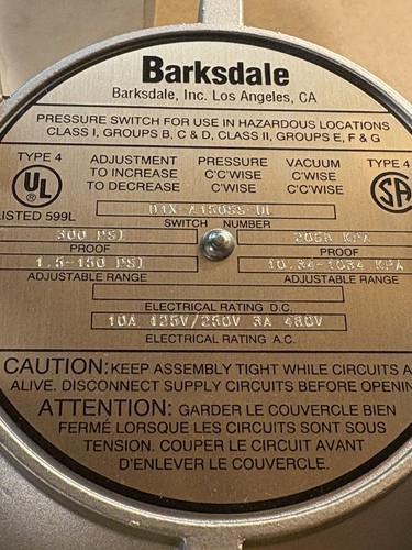 NUEVO COMO NUEVO BARKSDALE D1X-A150SS-UL INTERRUPTOR DE PRESIÓN ASPIRADORA DE PRESIÓN AJUSTABLE [9301 - Imagen 2 de 14
