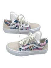 Vans Old Skool Floral Print Suede Canvas Sneakers Women  s Size 5 White Pink
