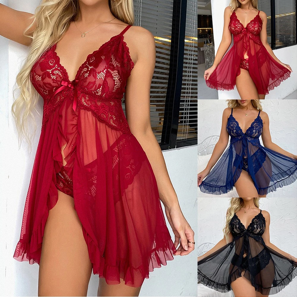 Damen Spitze Nachtwäsche Sexy Nachtkleid Babydoll Negligee Dessous Reizwäsche Z,
