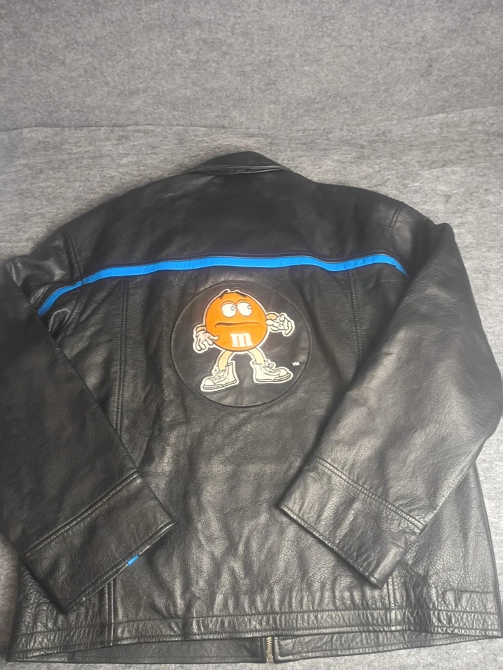 Chaqueta de cuero crujiente M&M’s 1999 vintage Planet Mars negro azul rayas talla L Foto 2 de 4