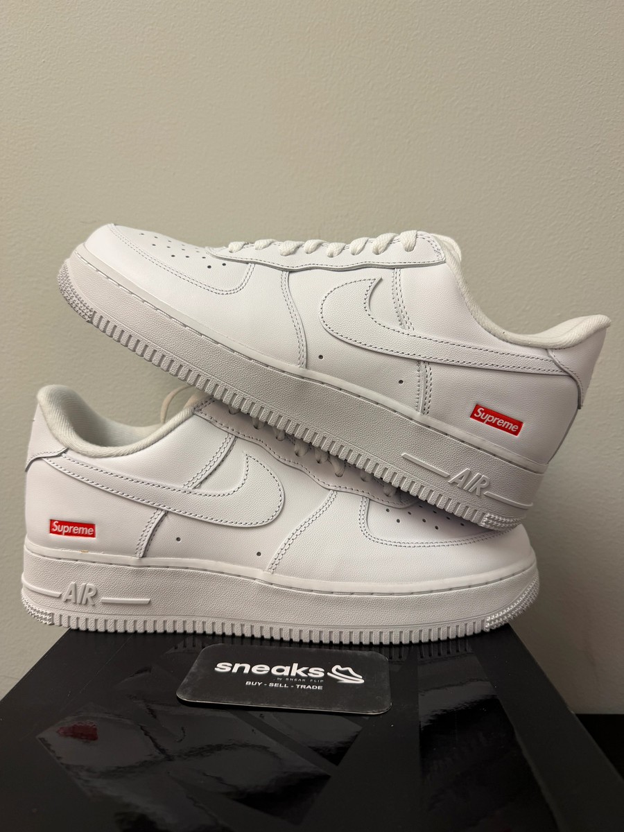 Size 6 - Nike Air Force 1 x Supreme Low Box Logo - White for sale Size 6 - Nike Air Force 1 x Supreme Low Box Logo - White for sale