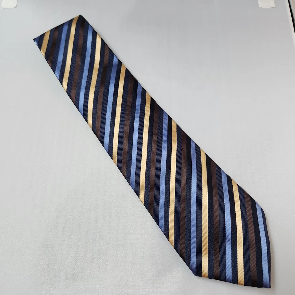 Gravata masculina longa Kai seda Repp marrom azul preto listras douradas 3,75 x 58 - Imagem 4 de 4