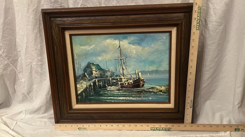 Vintage Hayward Oil Painting Maritime Fishing Harbor Boat Nautical 20”H x 23”W