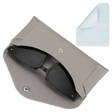 Leather Glasses Case Holder with Button and Cleaning Cloth Grey 