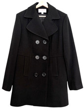 Croft & Barrow Wool Pea Coat L Double Breasted Black Trench Classic Preppy NWOT