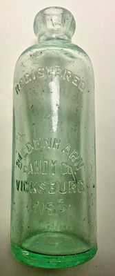 ORIGINAL BIEDENHARN CANDY CO., VICKSBURG, MISS HUTCH SODA BOTTLE, 1ST COCA COLA