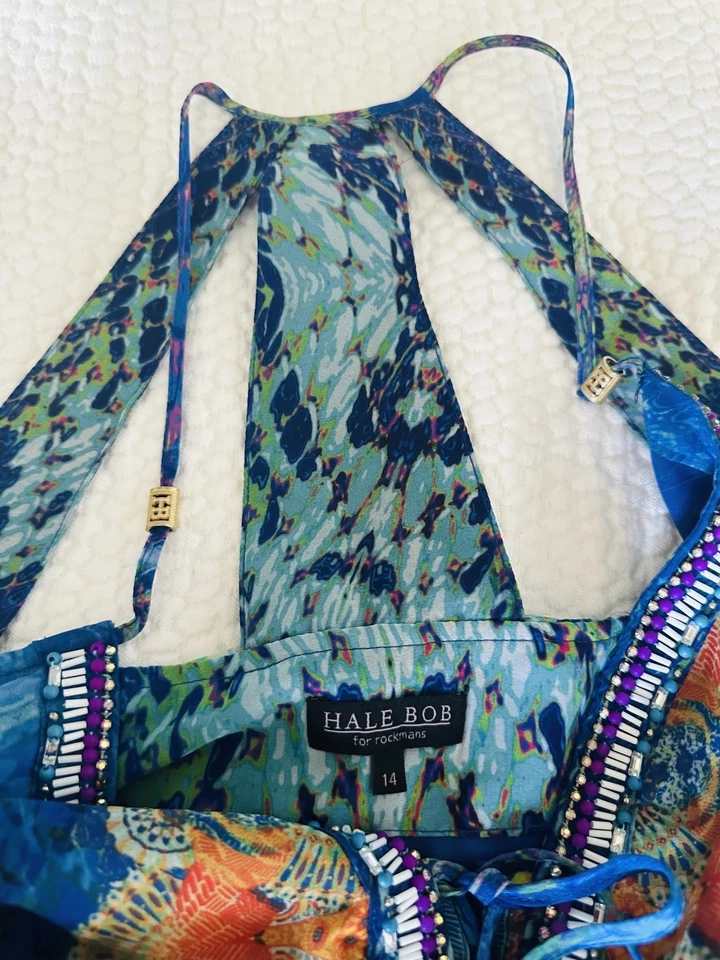 Exótico Nuevo sin etiquetas Vestido Halter Hale Bob, Diseño Único con Cuentas, Midi, Talla 14 Foto 3 de 4