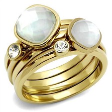 Women's Ring Set, White Glass, 14K Gold Plated, Stainless Steel, Stacking