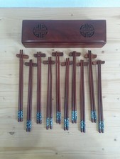 Vintage Set If 10 Rosewood Mother Of Pearl Inlay Chopsticks With Carved Box