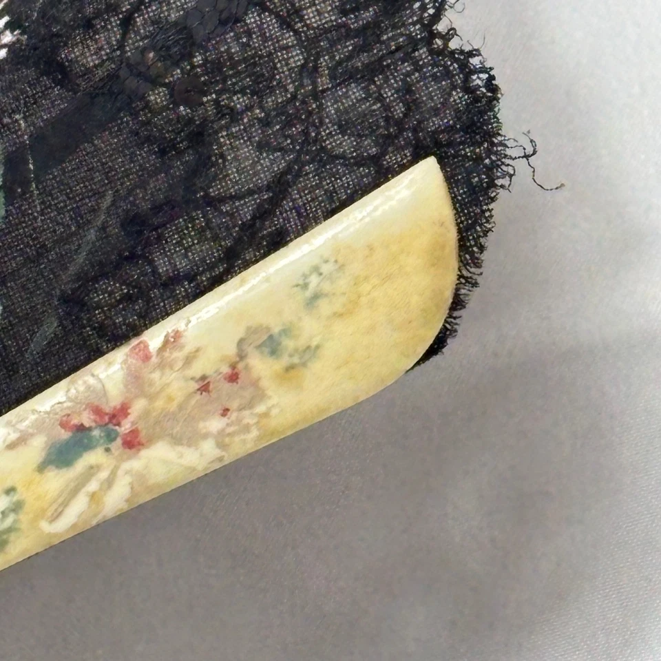 Antique Black Organdy Folding Fan Hand Painted Lace Edge Scalloped Balloon Shape - Image 2 of 4