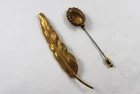 Two Vintage Miriam Haskell Signed Gold Tone Pins - Feather  & Scalloped Stickpin