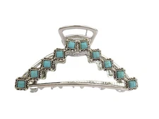 Hair claw clip blue turquoise stone silver metal western design