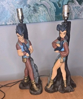 Rare Vintage 1950 s Mid Century Chalkware Reglor  Lamp Set Polynesian Robin Hood