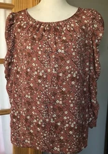 Max Studio Floral Blouse Women’s M Ruched Sleeve Pinkish Brown Boho Cottagecore