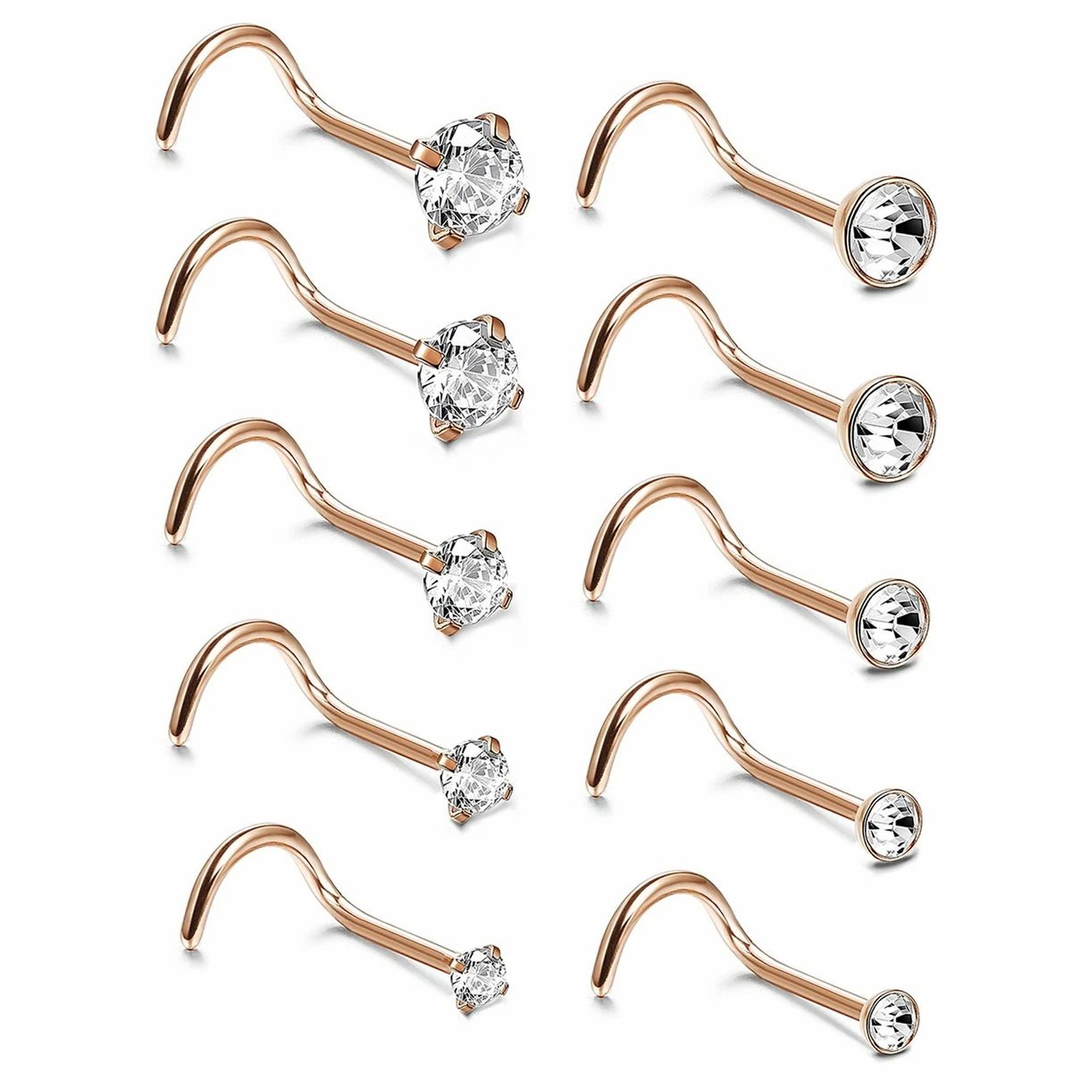 10pcs Stainless Steel Hook Nose Ring With Rhinestone Zircon Body Piercing Stud