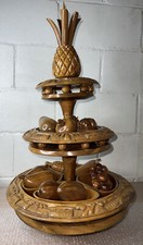 Vtg 3 Tier Hand Carved Monkey Pod Pineapple Lazy Susan Serving Party Tray Tiki..