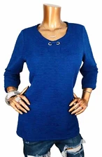 ny collection L Top Stretch Blue Textured Tunic 3/4 Sleeves Blouse Heavy V Cut
