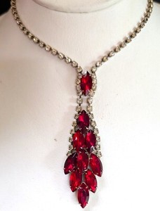 Vintage Rhinestone Drop Necklace 16" Statement Choker Red 3 1/4" Drop