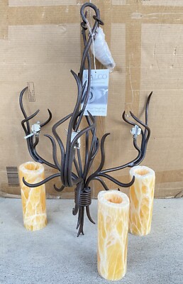 Kalco, 3-Light Chandelier, Orange/Yellow Crystal Shades, Iron Branch Arms