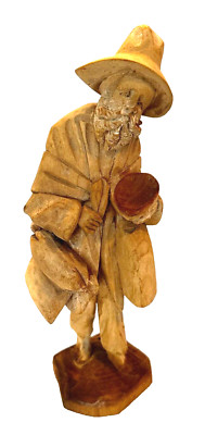 VTG Hand Carved Folk Art 12'' Statue Barefoot Hobo Figurine Natural Wood
