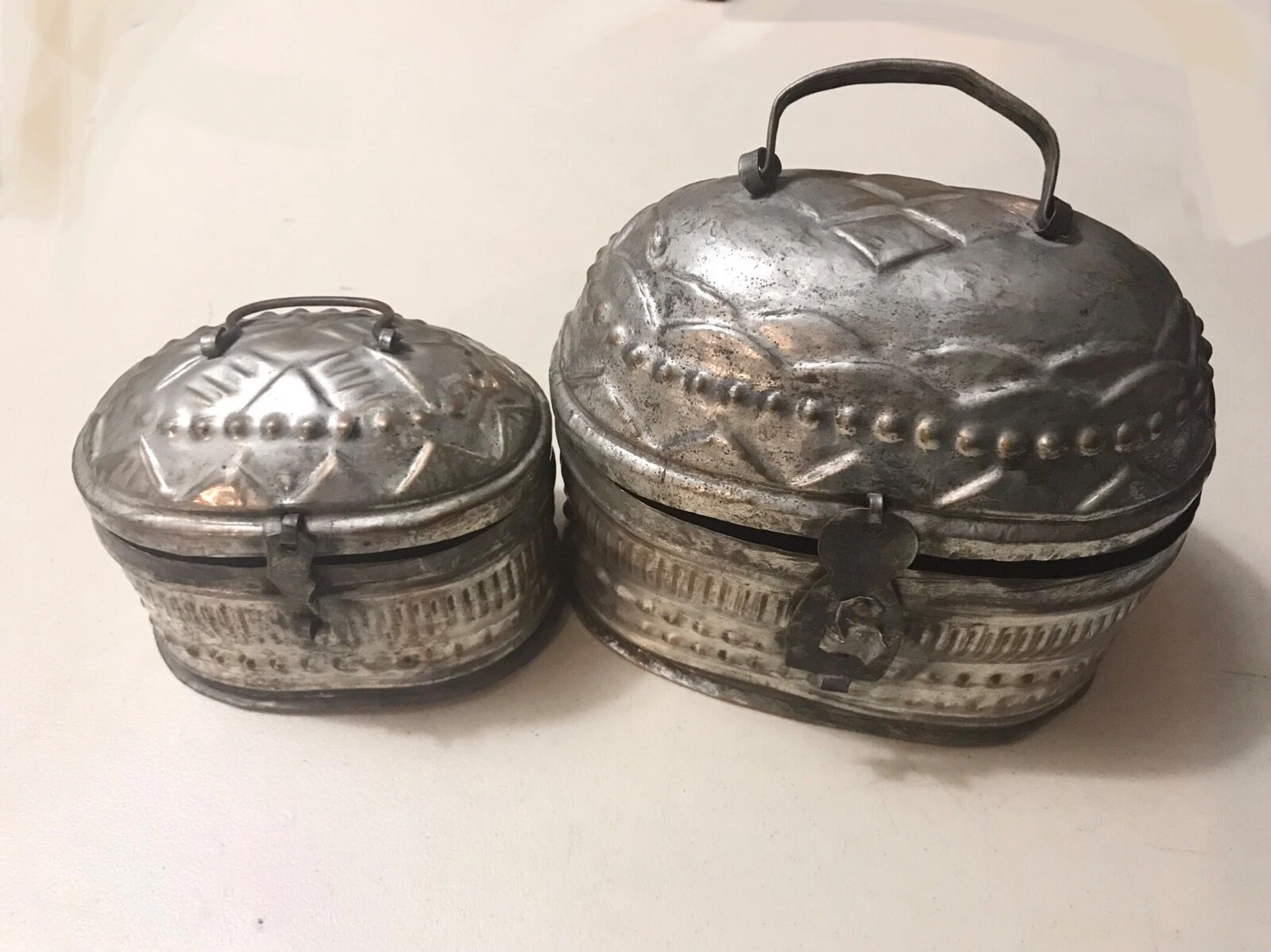 2 Antique Indian Chapatti Bread Boxes, Hammered, Ornate with Dome, Unique Set