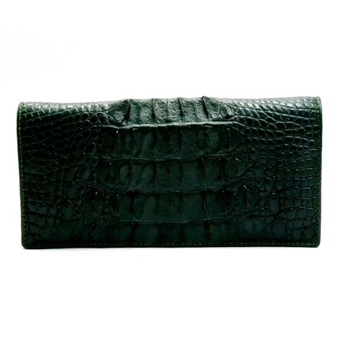 New Real Dark Green Croc Back Tail Leather Skin Unisex Long Bifold Wallet. - Picture 2 of 11