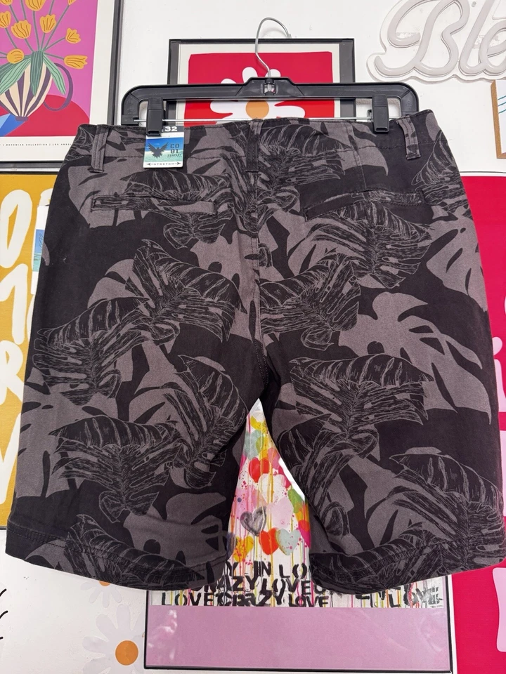 Pantalones Cortos Elásticos Company 81 Para Hombre Estampado Tropical - Talla 32 - Negro/Gris - Nuevos con Etiquetas Foto 2 de 3