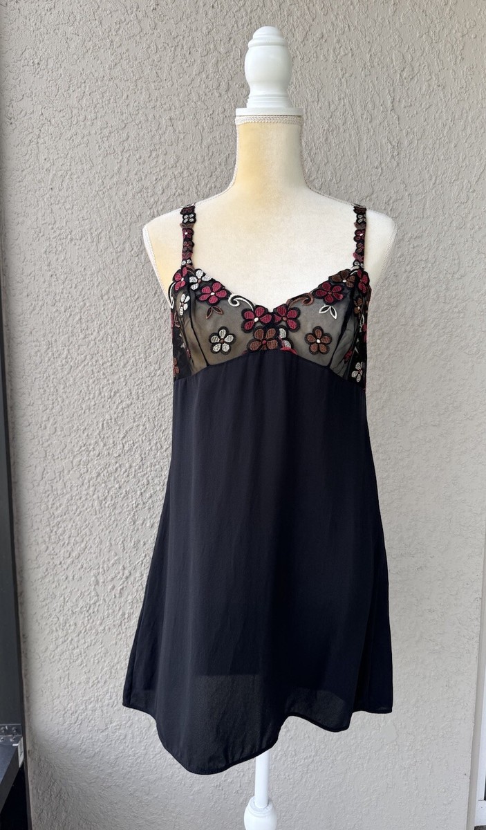 Malizia LA PERLA Silk Nightdress (M) Floral Embroidered Black Semi Sheer Slip