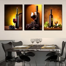Wine/Bottle/Glass Mounted on Board PVC canvas print set of 3 Framed/Ready 2 hang