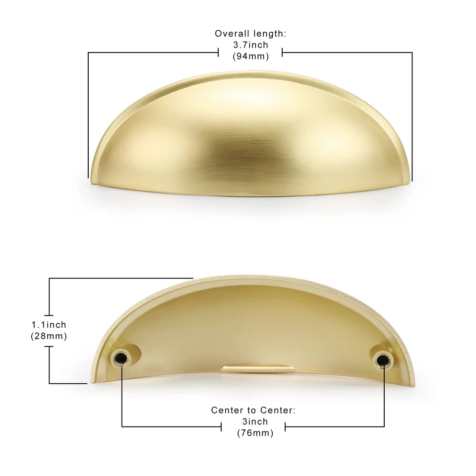 Paquete de 5 tiradores de taza de latón claro de 3 pulgadas Goldenwarm asas de gabinete de oro cepillado Foto 3 de 4