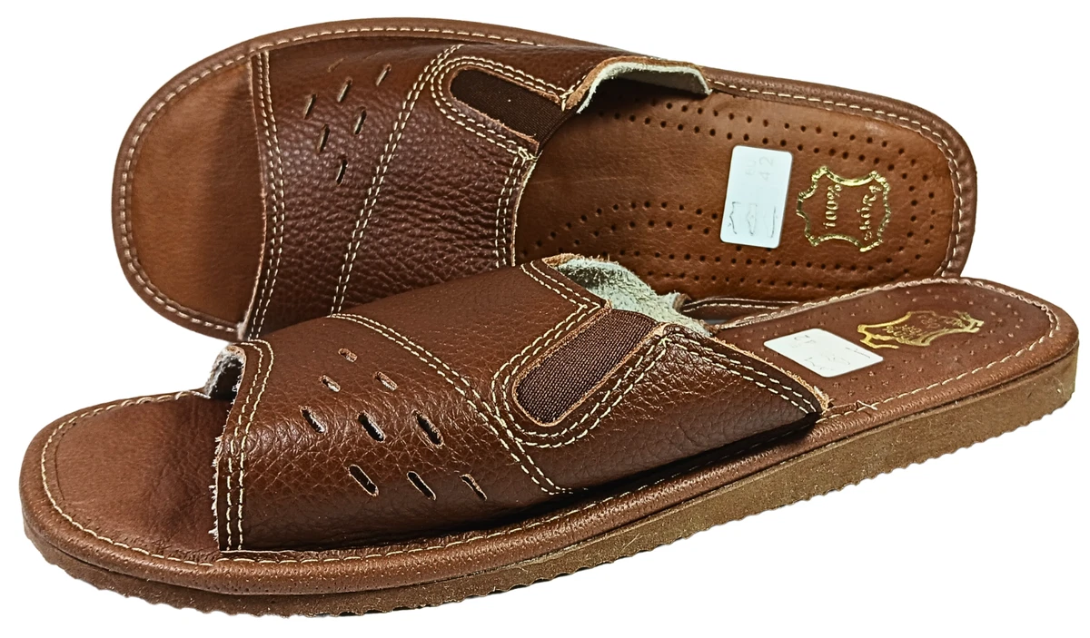 Herren Hausschuhe Rindsleder Pantoffeln Sandalen Braun Schlappen Gr.40-46 Weich