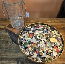 Antique BUTTONS LOT & Mason Jar • Vintage Metal Wood Bakelite BUTTONS ☆1900-1960
