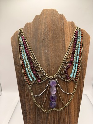 Fossil Vintage Statement Bib Necklace Amethyst Beaded Chain Boho Festival