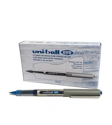 UNI-BALL 12 x Uniball Eye FINE UB 157 Roller Ball Pen 0.7mm Blue INK Uni ball Pens
