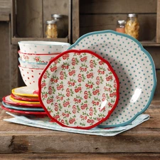 The Pioneer Woman Timeless Floral & Retro Dot 12-Piece Dinnerware Set,Multicolor