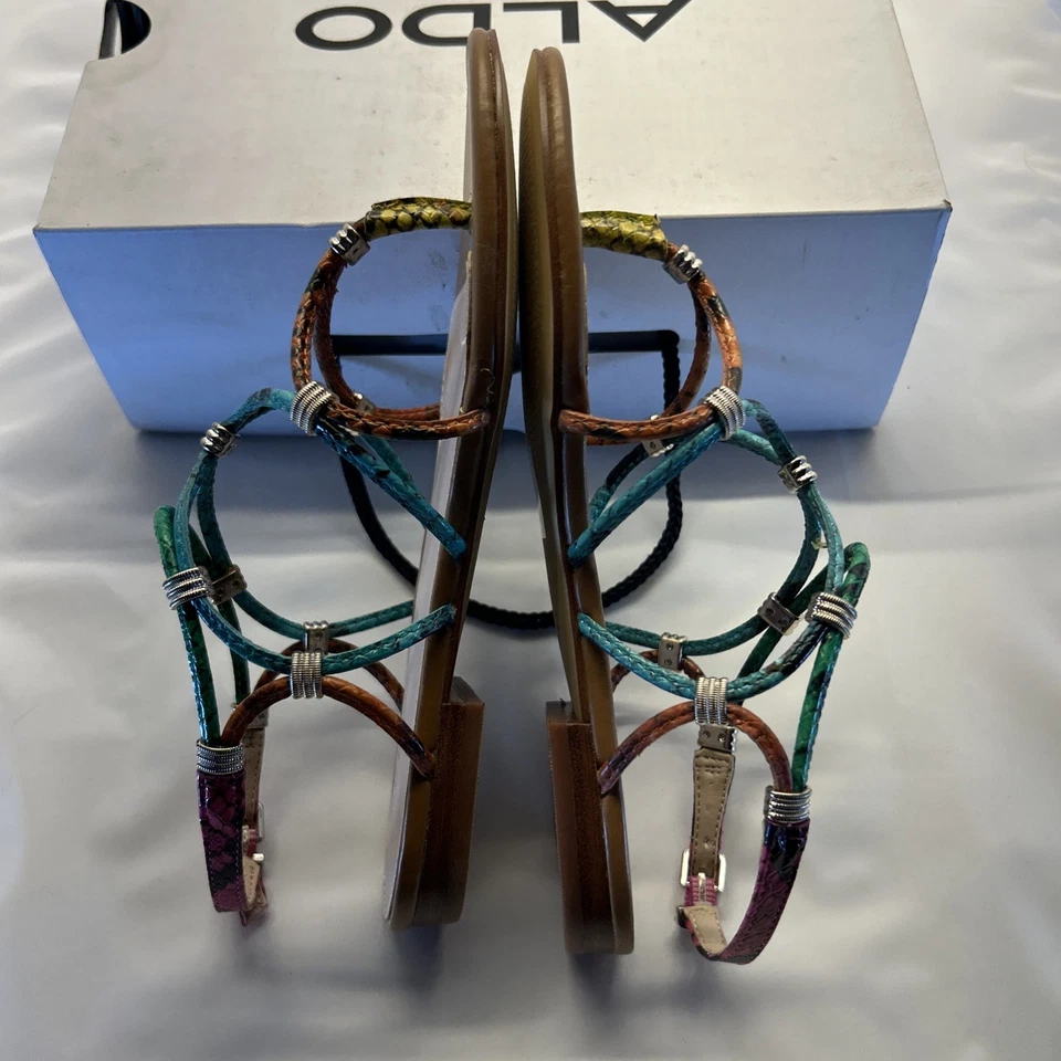 ALDO Snake Print Multi Color Strappy Flat Gold Accents Women SZ 5 New in Box - Image 4 of 4