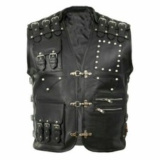Men's Black Leather Biker Vest - Gothic Motorcycle Leather Vest with Buckles