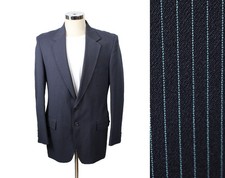 Vintage 70s Blazer 42R Slim Cut Dark Blue Pinstripe Polyester Jacket Sports Coat