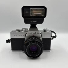 Vintage Minolta SRT SC-II 35mm SLR Film Camera with 45mm Lens and Flash Untested
