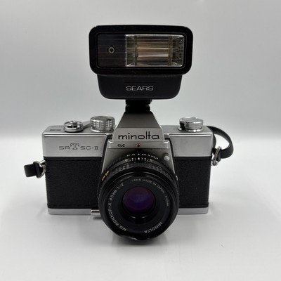 Vintage Minolta SRT SC-II 35mm SLR Film Camera with 45mm Lens and Flash Untested