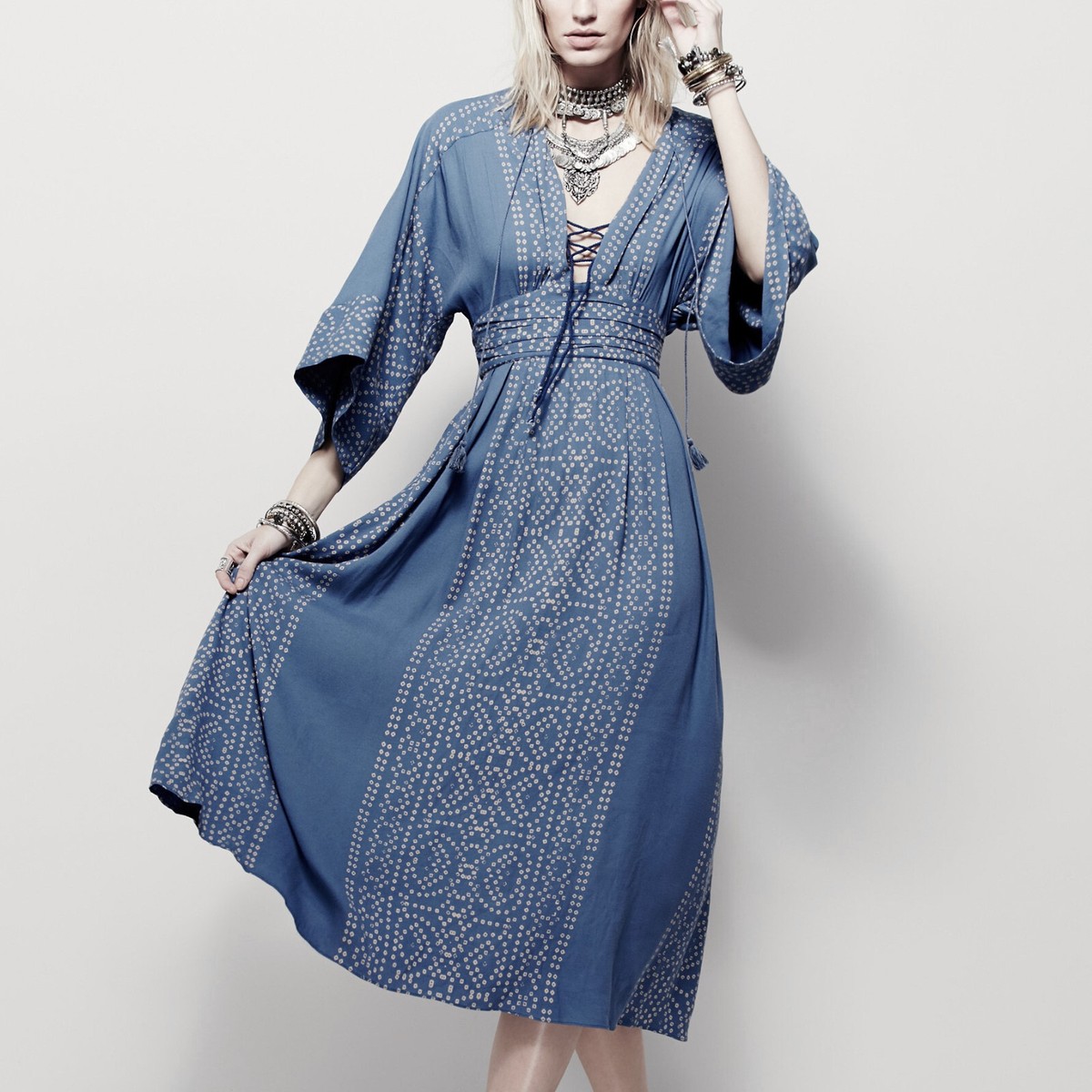 カンビオ 着物風KIMONO Denim Over Size Gown Free People MODERN KIMONO $168 Denim Combo Lt Blue Lace Up