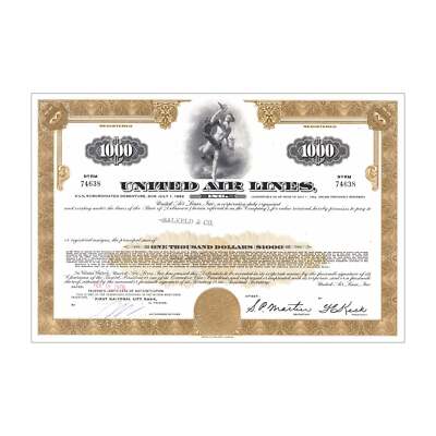 United Airlines Inc. Stock Certificate // 1,000 Shares // Umber // 1970s