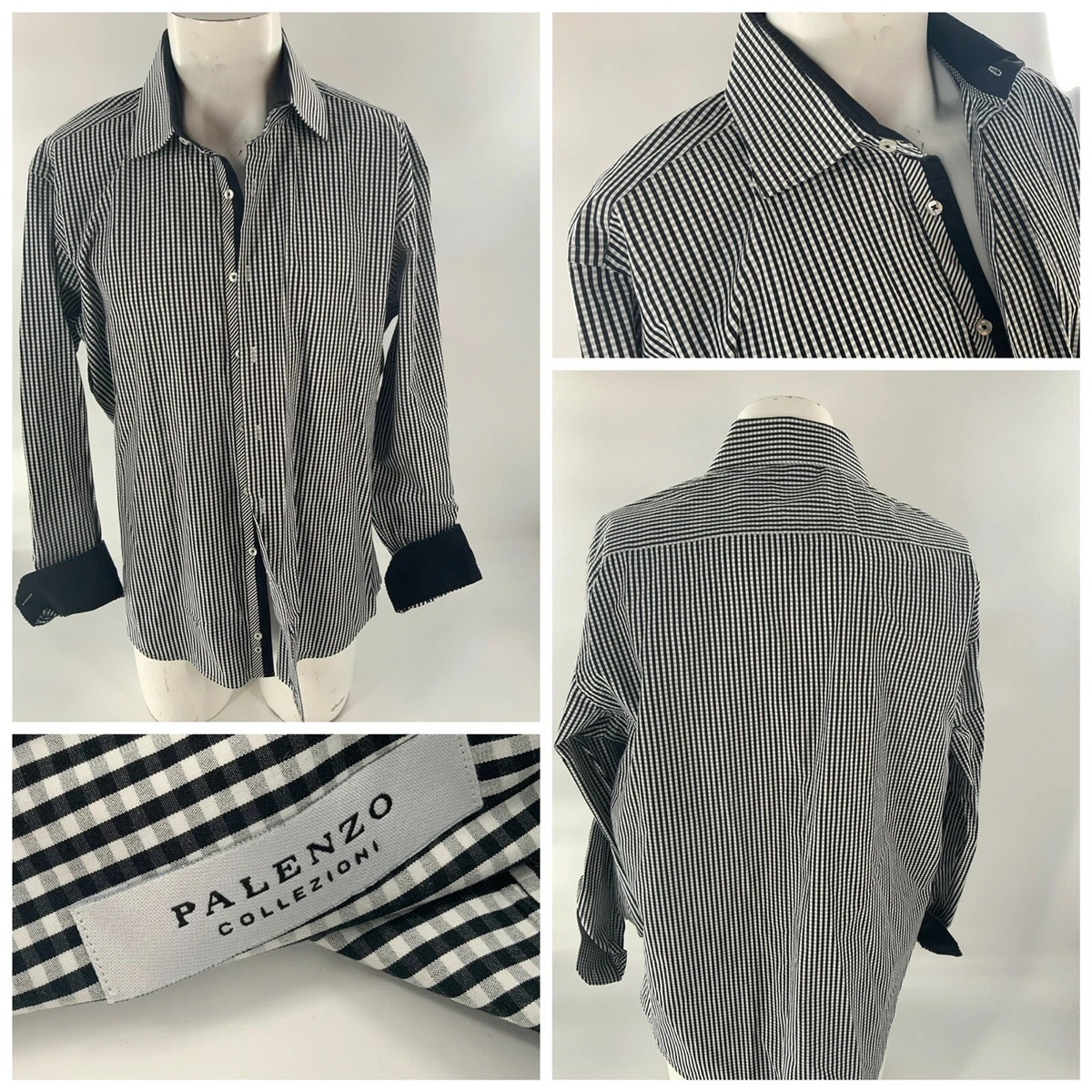 Palenzo Collezioni Flip Cuff Shirt 2XL Men Gray Black Check Turkey