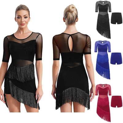 Women Skirt Gymnastics Outfit With Shorts Dresses Ballroom Dancewear Salsa Mesh