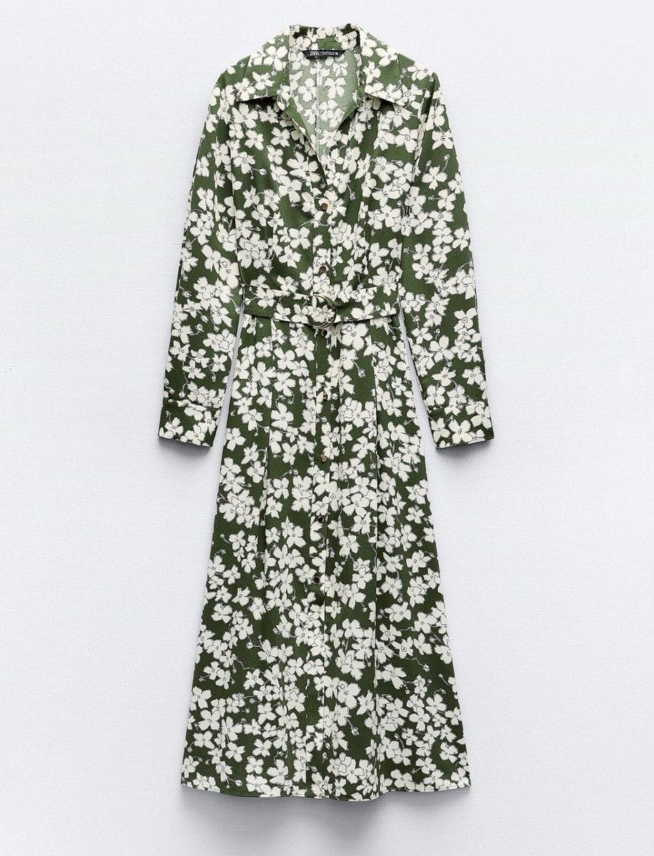 zara printed shirt dress green Zara Woman Womens Shirt Dress Green Floral Collared Button 3/4 Sleeve Size  XS