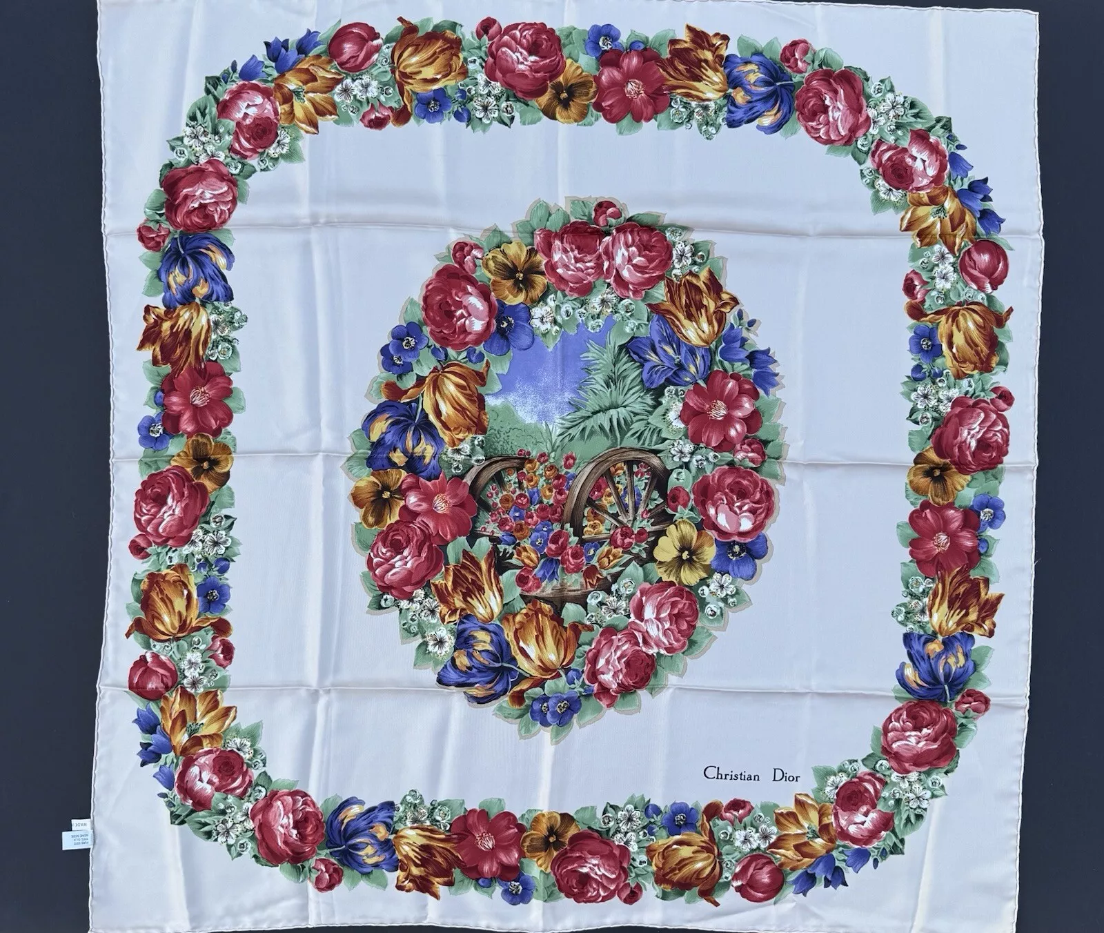 Foulard vintage Christian Dior floral pivoines, iris, oublie moi pas 100 soie 35